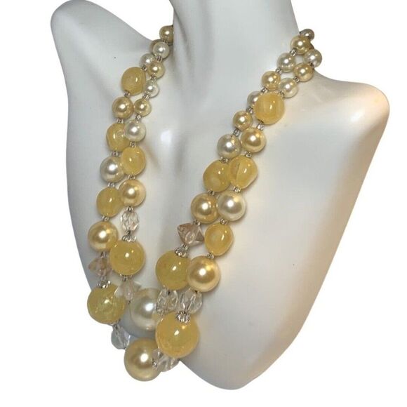 Japan Yellow Crackle Beaded Graduated Faux Pearl 2 Tier Silver Tone Necklace 16” - Picture 6 of 14